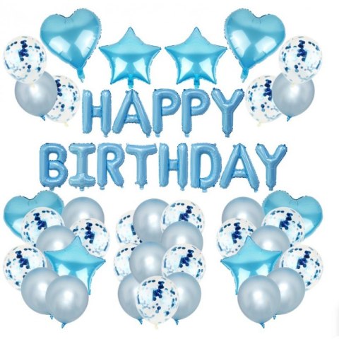 Zestaw Balonów HAPPY BIRTHDAY, niebieskie srebrne 50szt BLN04