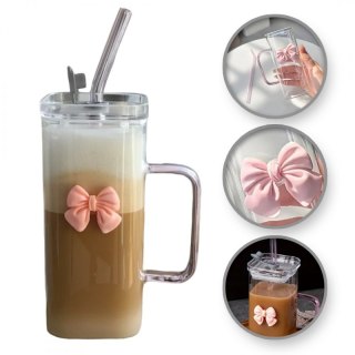 Szklanka prostokątna z kokardką z przykrywką i słomką, 1szt 320ml SZK87