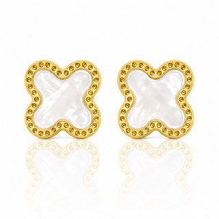 Kolczyki ze stali szlachetnej platerowane 14k złotem, Koniczynka masa perłowa 13mm KST3609