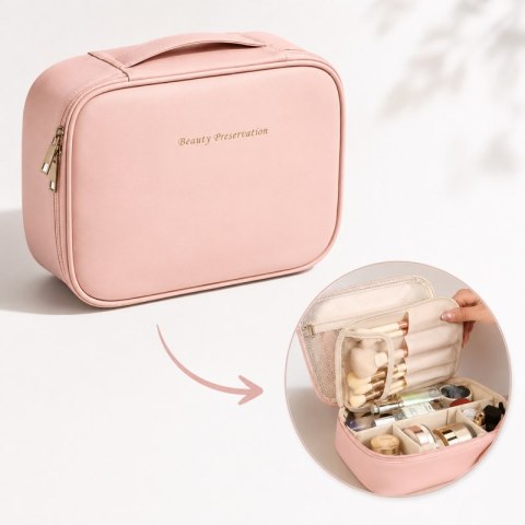 Kosmetyczka rozkładana elegancka kuferek etui z ekoskóry róż KS146R
