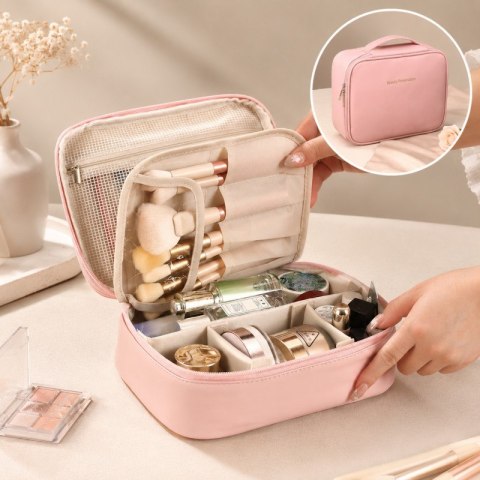 Kosmetyczka rozkładana elegancka kuferek etui z ekoskóry róż KS146R