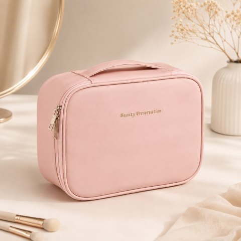 Kosmetyczka rozkładana elegancka kuferek etui z ekoskóry róż KS146R