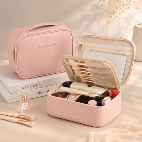 Kosmetyczka rozkładana elegancka kuferek etui z ekoskóry róż KS146R