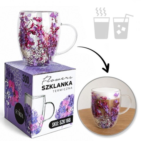 Szklanka termiczna z kwiatami w środku, gipsówka hortensje 300 ml 1szt SZK166